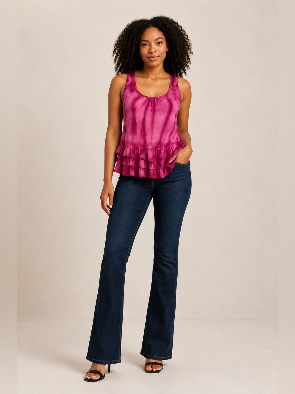 💗 Allen B by Allen Schwartz Pink Tie-Dye Ruffle Hem Tank Top Medium